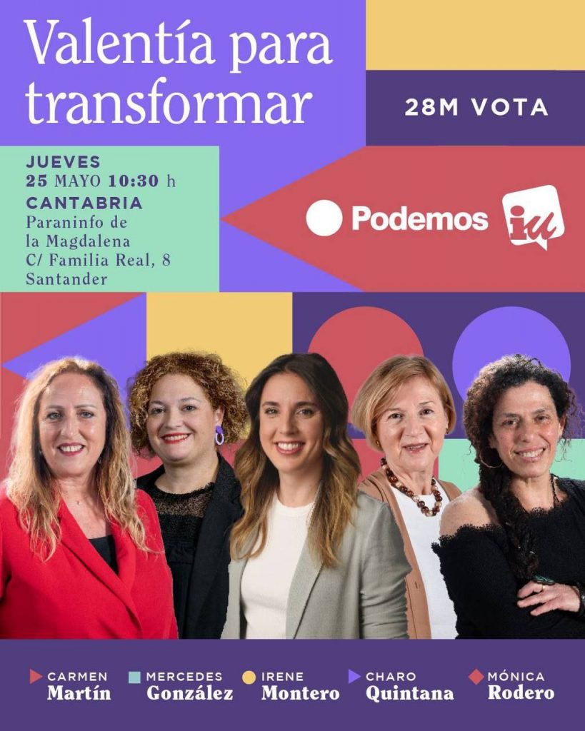 Acto de campaña de Podemos-IU en Santander el jueves 25, con Irene Montero, Mónica Rodero, Carmen Martín, Mercedes González y Charo Quintana